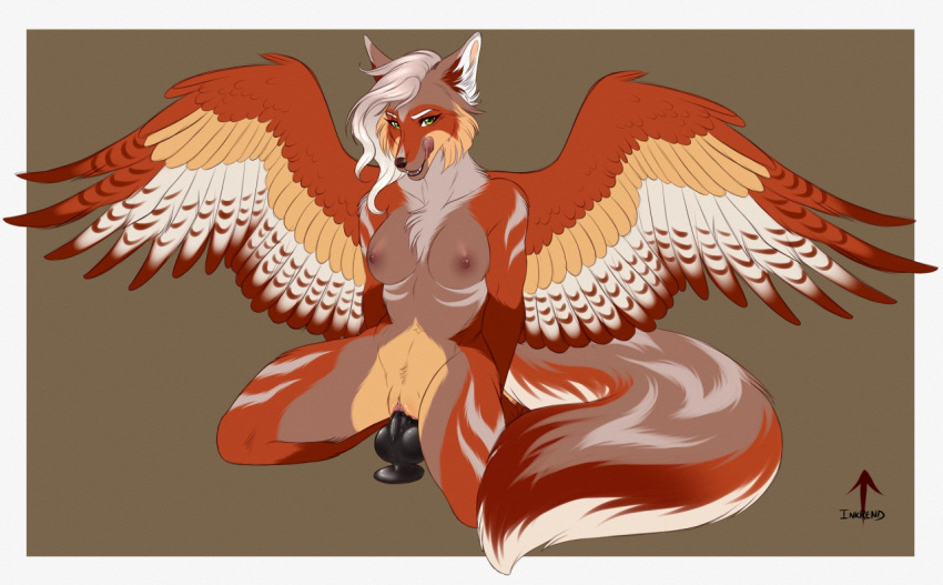2018 anthro canine clitoris digital_media_(artwork) dildo feathered_wings feathers female fox fur green_eyes grey_fur hair hybrid inkrend looking_at_viewer mammal orange_fur penetration pussy red_fur sex_toy simple_background smile solo tan_fur vaginal vaginal_penetration wings