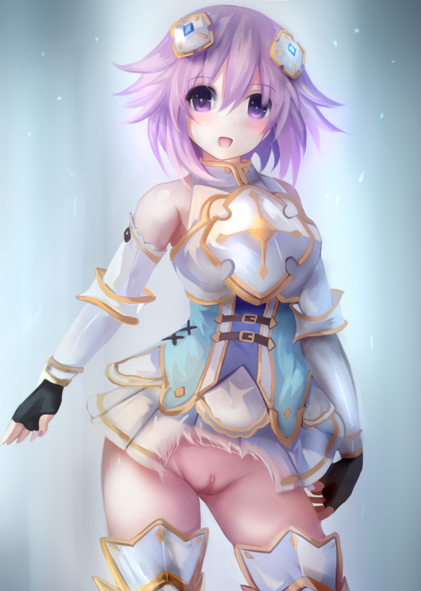 1girl blush detached_sleeves four_goddesses_online:_cyber_dimension_neptune hair_ornament neptune_(choujigen_game_neptune) neptune_(series) purple_eyes pussy short_hair skirt smile suterisu uncensored