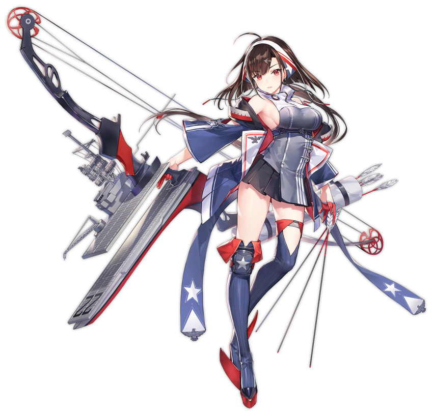 1girl ahoge american_flag american_flag_print anchor anchor_hair_ornament armpits arrow atdan azur_lane bare_shoulders belt black_skirt blue_coat blue_footwear boots bow_(weapon) breasts brown_hair coat crane flag_print flight_deck floating_hair full_body gloves grey_jacket hair_ornament half_gloves high_collar highres holding holding_arrow holding_bow_(weapon) holding_weapon independence_(azur_lane) jacket large_breasts long_hair looking_at_viewer low_ponytail machinery miniskirt mole mole_on_thigh off_shoulder official_art open_clothes open_coat parted_lips pleated_skirt quiver red_eyes red_gloves rigging rudder_footwear sidelocks single_knee_pad skirt sleeveless_jacket slit_pupils solo standing star star_print taut_clothes taut_jacket thigh_boots thighhighs transparent_background very_long_hair weapon wide_sleeves