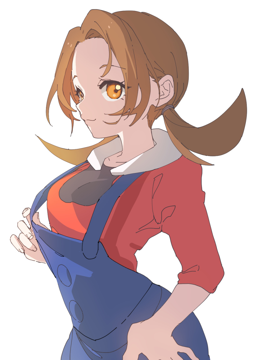 ankea_(a-ramo-do) brown_hair closed_mouth clothes_pull fingernails hand_on_hip highres kotone_(pokemon) long_hair orange_eyes overalls pokemon pokemon_(game) pokemon_hgss pulled_by_self simple_background sleeves_past_elbows smile solo twintails white_background