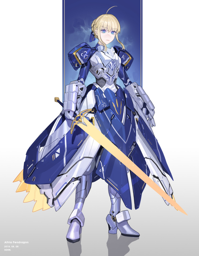 absurdres ahoge armor armored_dress artoria_pendragon_(all) blonde_hair blue_ribbon caliburn fate/stay_night fate_(series) gauntlets green_eyes hair_bun hair_ribbon highres holding holding_sword holding_weapon ribbon saber science_fiction sohn_woohyoung solo sword weapon