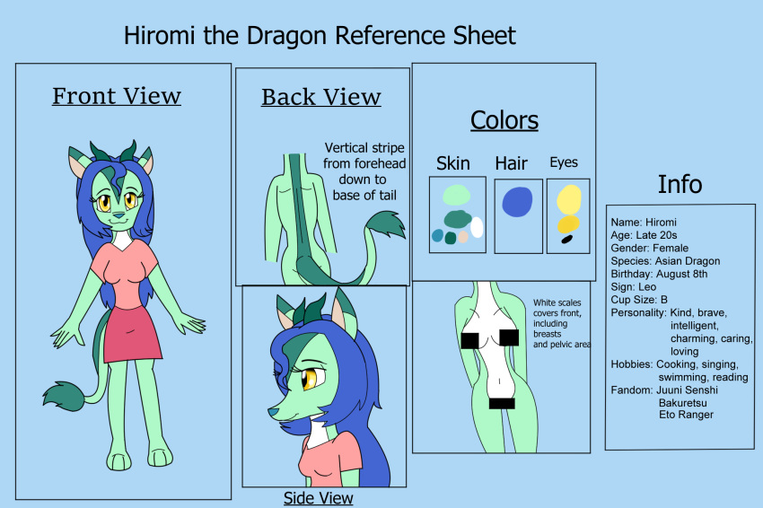 2018 anthro blue_hair breasts censored clothed clothing digital_media_(artwork) dragon eastern_dragon eto_rangers fan_character female hair horn kendratheshinyeevee long_hair looking_at_viewer model_sheet scalie simple_background skirt small_breasts solo stripe yellow_eyes