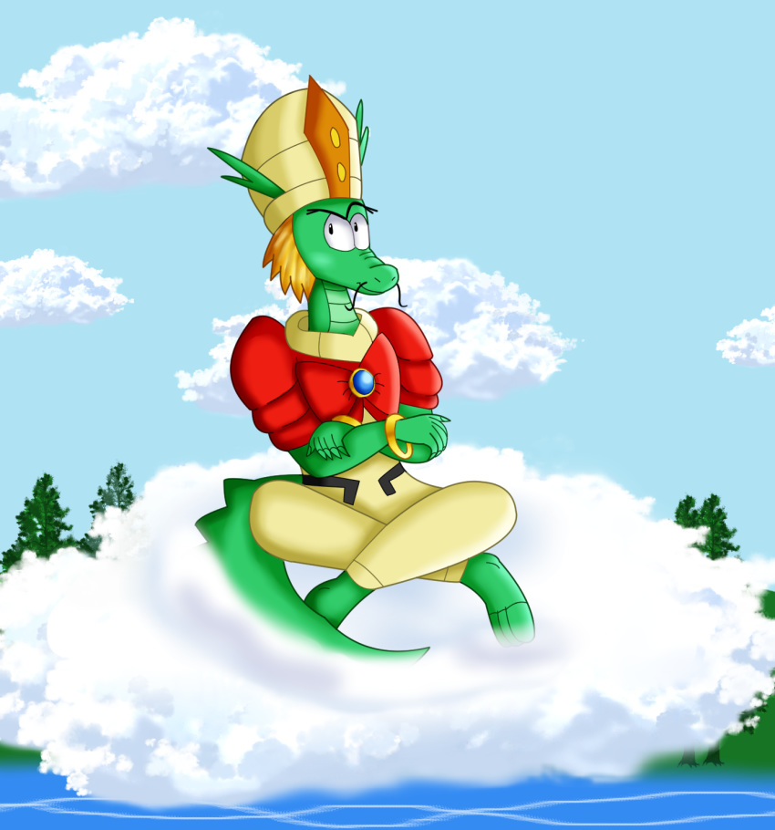 2018 anthro blonde_hair clothed clothing cloud digital_media_(artwork) drago dragon eto_rangers hair kendratheshinyeevee male scalie sitting solo whiskers