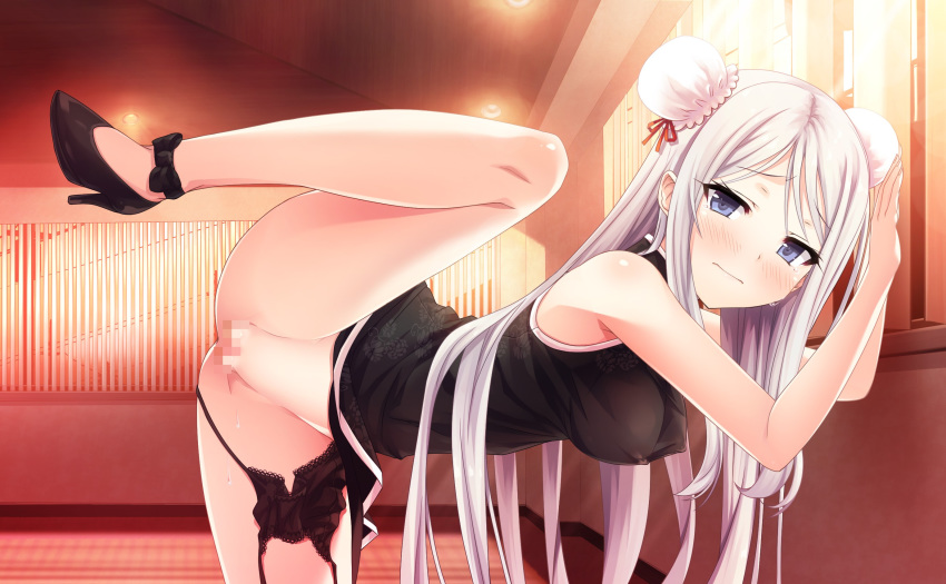 arm_support arms_up bangs bare_arms bare_shoulders black_bow black_dress black_footwear black_panties blue_eyes blush bow bun_cover censored china_dress chinese_clothes closed_mouth covered_nipples cura double_bun dress eyebrows_visible_through_hair fingernails groin high_heels highres houshou_kisaki indoors long_hair looking_at_viewer maitetsu mosaic_censoring nose_blush panties panties_around_one_leg parted_bangs red_ribbon ribbon shoes side-tie_panties side_bun silver_hair sleeveless sleeveless_dress solo standing standing_on_one_leg tears underwear untied untied_panties very_long_hair