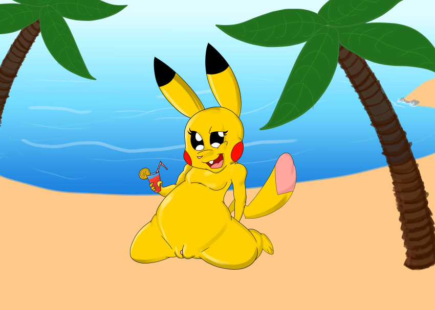 artybear beach beverage cleft_tail clitoris eyelashes female feral fur hi_res looking_at_viewer nintendo open_mouth outside pikachu pok&eacute;mon pok&eacute;mon_(species) presenting presenting_pussy pussy sand sea seaside seductive simple_background sky smile solo spread_legs spreading thick_thighs tongue video_games water wide_hips yellow_fur