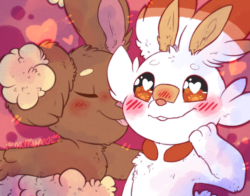 &lt;3 &lt;3_eyes 2019 ambiguous_gender blush buneary digital_media_(artwork) fur happy iroxykun kissing kissing_cheek lagomorph licking mammal nintendo pok&eacute;mon pok&eacute;mon_(species) scorbunny smile tongue tongue_out video_games