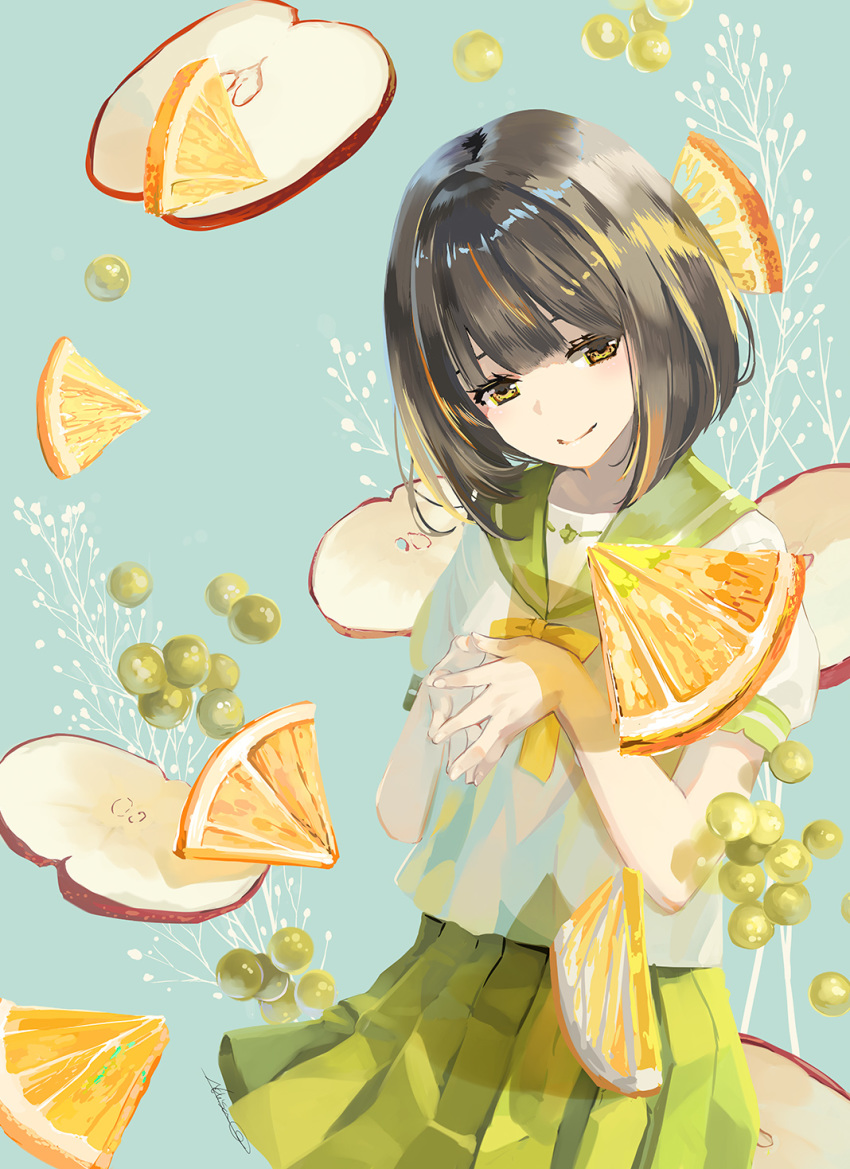 apple apple_slice bangs blue_background bob_cut bow brown_eyes brown_hair closed_mouth commentary_request fingernails fingers_together food fruit grapes green_sailor_collar green_skirt hands_up head_tilt highres looking_at_viewer naruse_chisato orange orange_slice original pleated_skirt puffy_short_sleeves puffy_sleeves red_apple sailor_collar school_uniform serafuku shirt short_hair short_sleeves skirt smile solo white_shirt yellow_bow