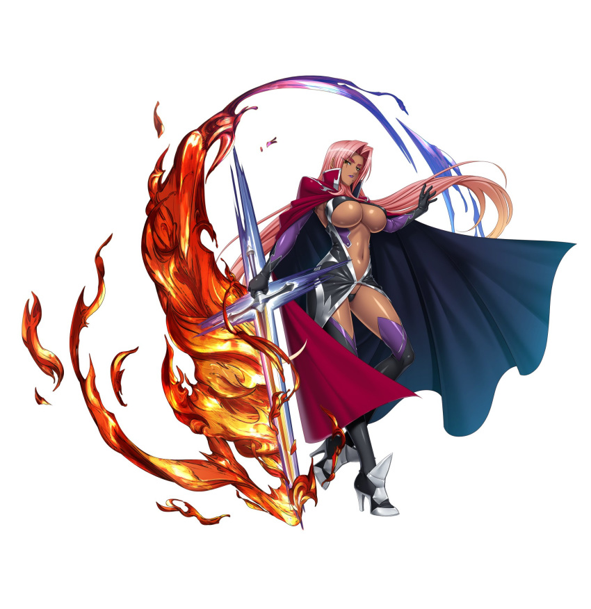 00s 1girl boots breasts cape curvy dark_skin erect_nipples female fire full_body gloves ingrid_(taimanin_asagi) kagami_hirotaka large_breasts lilith-soft lipstick looking_at_viewer makeup nipples pink_hair shiny shiny_hair shiny_skin simple_background solo sword taimanin_(series) taimanin_asagi taimanin_rpgx thick_thighs thighhighs thighs thong weapon white_background yellow_eyes
