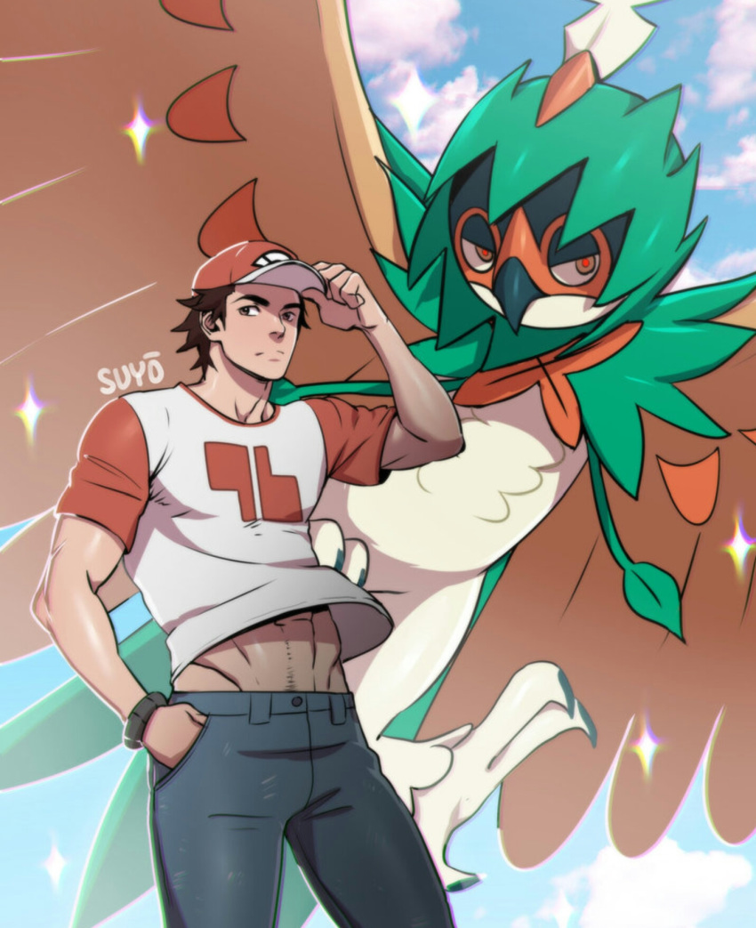 ambiguous_gender decidueye duo feral human male mammal nintendo outside pok&eacute;mon pok&eacute;mon_(species) red_(pok&eacute;mon) video_games