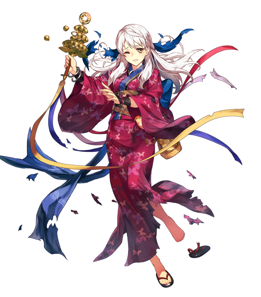 animal animal_in_clothes animal_print bangs barefoot bell bird bridal_gauntlets bug butterfly butterfly_print clenched_teeth cozy eyebrows_visible_through_hair fire_emblem fire_emblem:_akatsuki_no_megami fire_emblem_heroes full_body highres holding insect japanese_clothes jingle_bell kagura_suzu kimono long_hair looking_away micaiah non-web_source obi official_art one_eye_closed parted_lips sandals sash shoes silver_hair single_shoe teeth torn_clothes transparent_background wide_sleeves yellow_eyes yukata yune