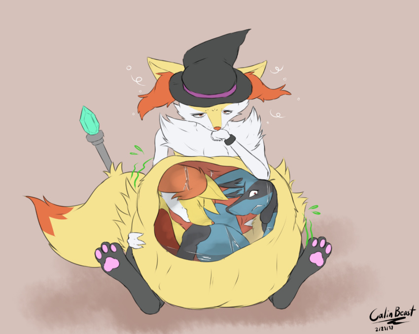 ambiguous_gender ambiguous_pred ambiguous_prey belly big_belly braixen calinbeast delphox eyes_closed hat ill lucario nintendo pok&eacute;mon pok&eacute;mon_(species) scepter video_games vore