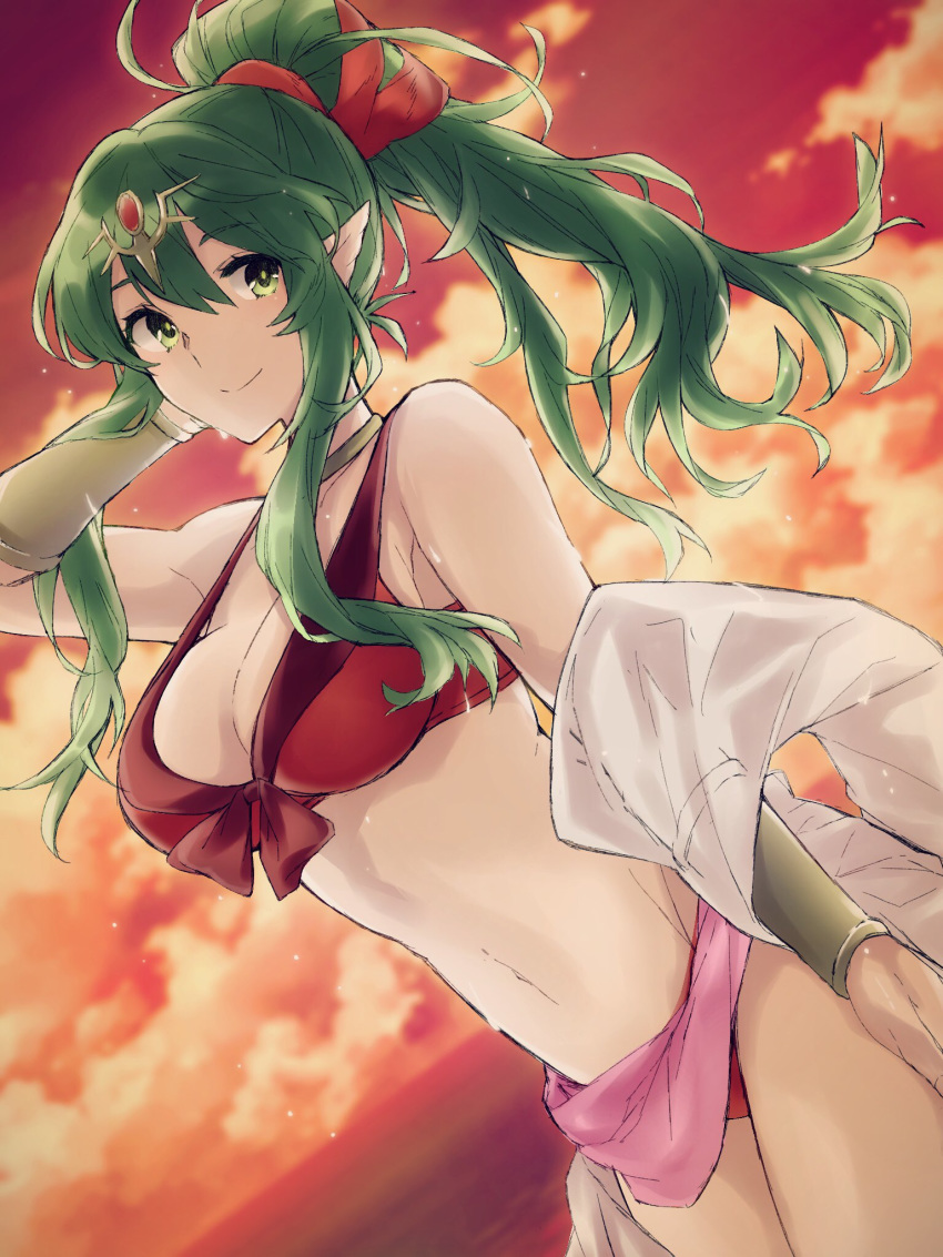 aiueo1234853 beach bikini breasts chiki fire_emblem fire_emblem:_kakusei fire_emblem:_monshou_no_nazo fire_emblem_heroes green_eyes green_hair highres long_hair looking_at_viewer mamkute navel older pointy_ears ponytail smile solo sunset swimsuit tiara