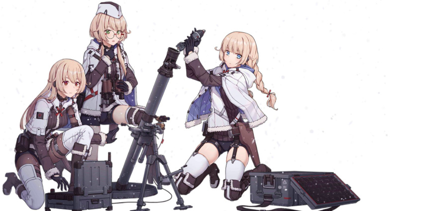 2b14_podnos_(girls_frontline) 3girls binoculars blonde_hair blue_eyes braid girls_frontline glasses green_eyes gun hair_over_shoulder handgun highres holster long_hair low_twintails mortar_(weapon) mortar_shell multiple_girls official_art pistol red_eyes reloading single_braid suitcase terras twintails weapon winter_clothes