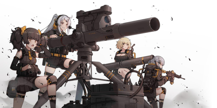 anti-tank_missile assault_rifle bgm-71_(girls_frontline) breasts cable cleavage girls_frontline gun headset highres knee_pads m4_carbine missile multiple_girls official_art reloading rifle shorts socks tactical_clothes terras tow_atgm twintails weapon