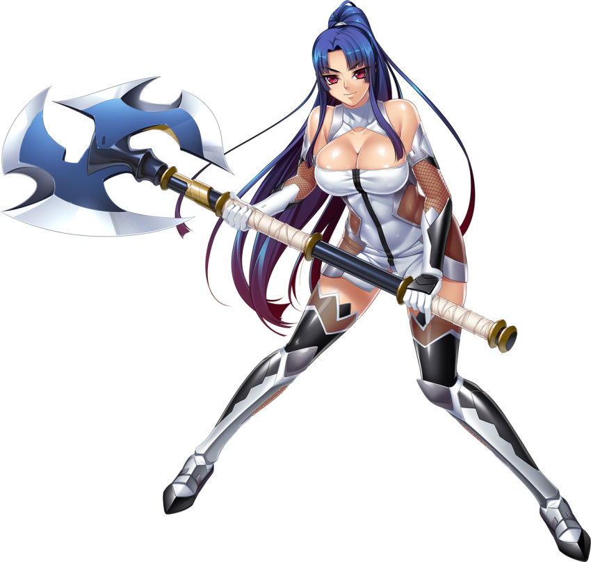 axe bangs bare_shoulders battle_axe blue_hair breasts cleavage closed_mouth dress elbow_gloves eyebrows_visible_through_hair full_body gloves gradient gradient_hair holding holding_weapon kagami_hirotaka large_breasts lilith-soft long_hair looking_at_viewer multicolored_hair official_art panties parted_bangs ponytail red_eyes shiny shiny_skin short_dress sidelocks sleeveless solo taimanin_(series) taimanin_asagi taimanin_murasaki thighhighs transparent_background underwear very_long_hair weapon yatsu_murasaki zettai_ryouiki