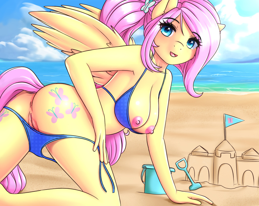 2018 areola beach bikini breasts bucket butt clothing cloud cutie_mark detailed_background digital_media_(artwork) equine eyelashes female fluttershy_(mlp) friendship_is_magic hair hi_res looking_at_viewer mammal my_little_pony nipples outside pegasus sand_castle sculpture seaside sky solo spade swimsuit twistedscarlett60 wings