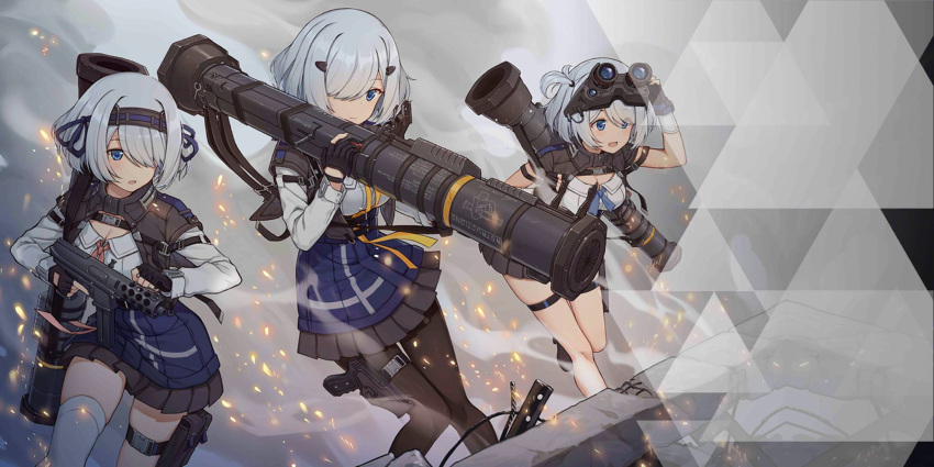 at4 at4_(girls_frontline) blue_eyes breasts cleavage fingerless_gloves girls_frontline gloves goggles goggles_on_head gun hair_ornament hairband handgun highres holstered_weapon multiple_girls necktie night_vision_device official_art over_shoulder pistol rocket_launcher socks submachine_gun tactical_clothes tec-9 terras thighhighs weapon weapon_over_shoulder white_hair