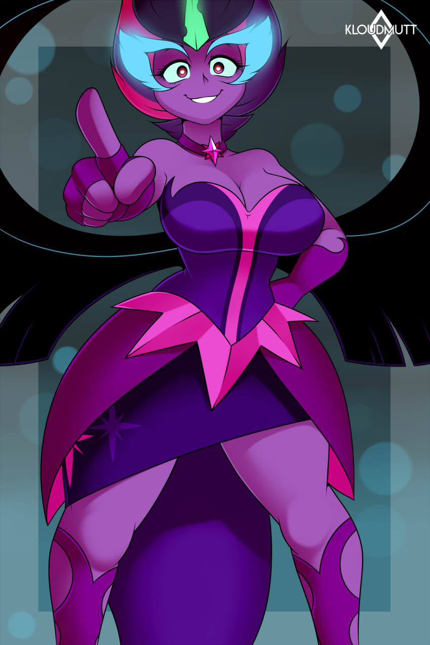 2018 5_fingers alternate_hairstyle armwear boots breasts choker cleavage clothed clothing costume elbow_gloves equestria_girls eyebrows eyelashes female fingerless_gloves footwear gloves grey_background grin hair hand_on_hip hi_res horn humanoid kloudmutt looking_at_viewer mammal midnight_sparkle_(eg) multicolored_hair my_little_pony not_furry pointing portrait pose purple_eyes purple_skin short_hair simple_background smile solo standing teeth twilight_sparkle_(eg) wide_hips winged_humanoid wings