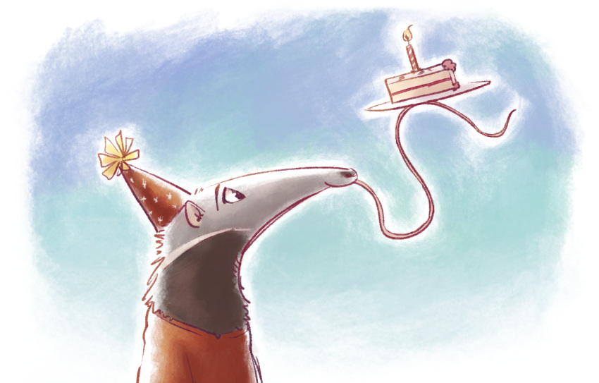 2018 anteater anthro birthday_cake cake candle clothed clothing fire food fuel_(artist) hat long_tongue male mammal party_hat plate side_view simple_background solo tongue tongue_out