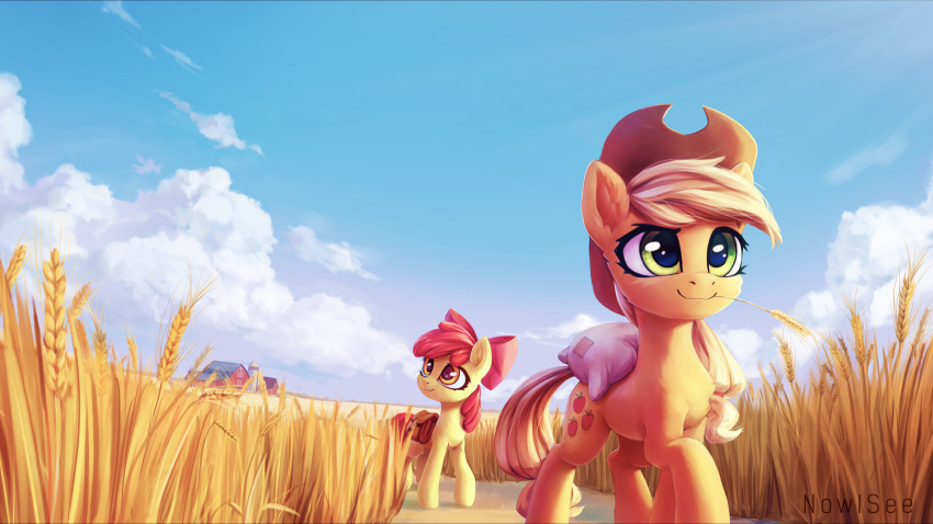 2018 apple_bloom_(mlp) applejack_(mlp) blonde_hair cloud cutie_mark detailed_background duo earth_pony equine female feral friendship_is_magic hair hair_bow hair_ribbon hat hi_res horse inowiseei mammal my_little_pony outside pony ribbons sibling sisters smile young