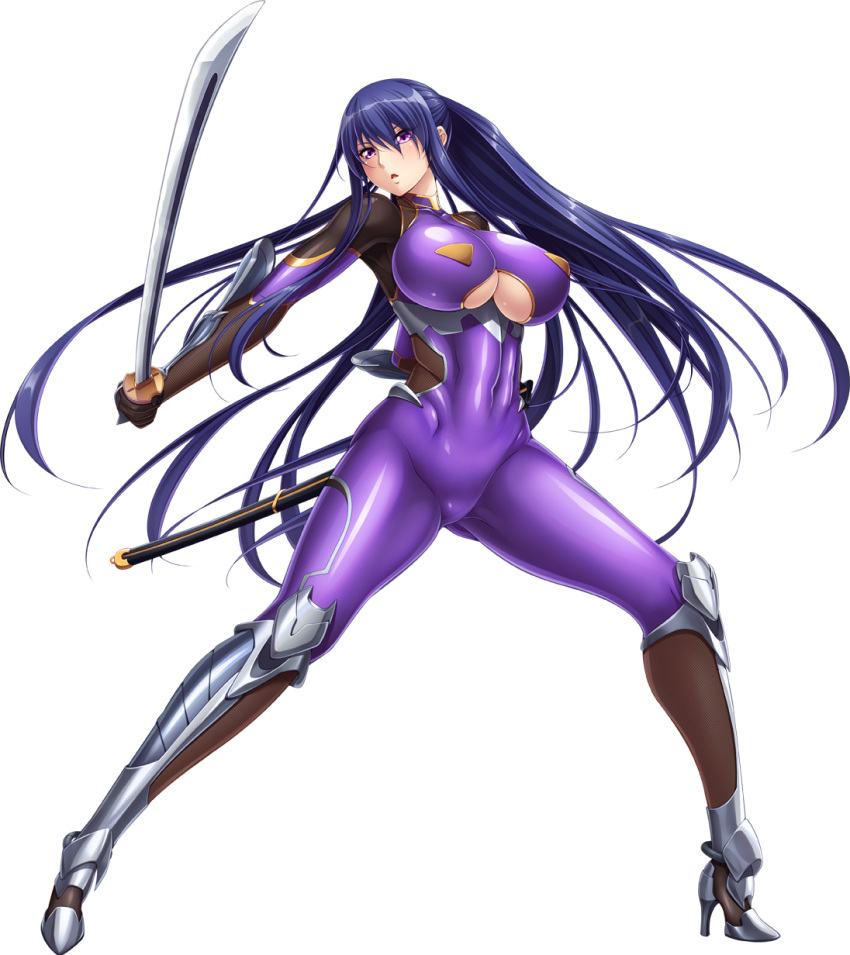 akiyama_rinko aoi_nagisa_(metalder) arm_guards armor bangs blue_hair blush bodysuit breasts covered_navel fishnets full_body gloves highres holding holding_sword holding_weapon huge_breasts impossible_bodysuit impossible_clothes katana large_breasts lilith-soft long_hair looking_at_viewer ninja official_art open_mouth purple_bodysuit purple_eyes sheath shiny shiny_clothes shiny_hair shiny_skin solo sword taimanin_(series) taimanin_yukikaze thighhighs transparent_background turtleneck very_long_hair weapon