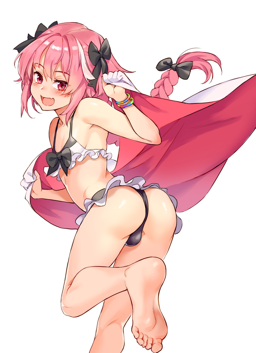 :d absurdres ass astolfo_(fate) banned_artist bare_shoulders barefoot bikini black_bow bow braid bulge commentary_request fang fate/grand_order fate_(series) feet frilled_bikini frills from_behind hair_bow highres long_hair looking_at_viewer looking_back male_focus multicolored_hair open_mouth otoko_no_ko pink_eyes pink_hair simple_background smile soles solo streaked_hair swimsuit toes two-tone_hair white_background white_hair xil