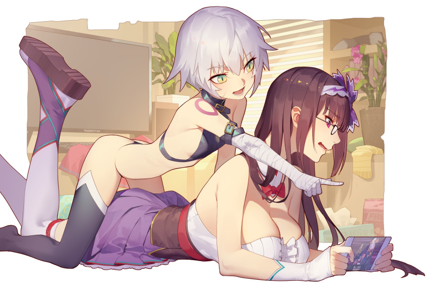 2girls ass brown_hair fate/grand_order fate_(series) glasses green_eyes jack_the_ripper japanese_clothes jpeg_artifacts long_hair pink_eyes short_hair tagme_(artist) tagme_(character) thighhighs white_hair
