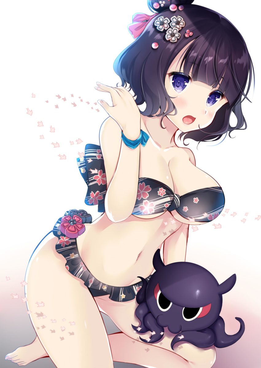 :d animal bangs bare_arms bare_legs bare_shoulders barefoot bikini black_bikini black_bow blush bow breasts cleavage collarbone commentary_request eyebrows_visible_through_hair fate/grand_order fate_(series) fingernails floral_print gradient gradient_background grey_background hair_bun hair_ornament hand_up highres katsushika_hokusai_(fate/grand_order) ko_yu large_breasts looking_at_viewer navel octopus open_mouth painting_summer print_bikini purple_eyes purple_hair smile solo swimsuit toenails tokitarou_(fate/grand_order) white_background