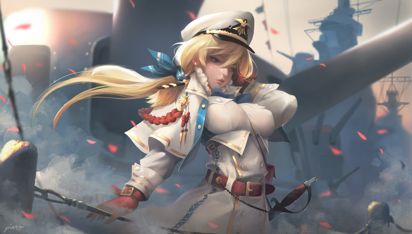 adjusting_hair bangs belt blonde_hair blue_bow blue_eyes blue_ribbon blurry blurry_background blush bow breasts buttons cannon collar covered_nipples dock double-breasted earrings falling_petals frilled_collar frills g-tz gloves hair_between_eyes hat highres jewelry large_breasts low_tied_hair military military_hat military_uniform original red_gloves red_lips ribbon sheath sheathed ship sword uniform watercraft weapon white_hat white_uniform
