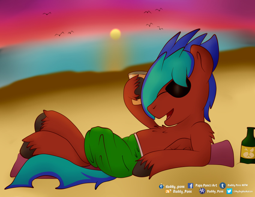 absurd_res alcohol beach beverage clothed clothing daddy_pone earth_pony equine eyewear fan_character fluffy hi_res horse lying male mammal my_little_pony on_back partially_clothed pony sea seaside solo sunglasses sunset towel water