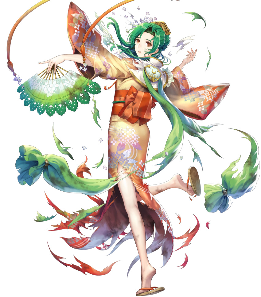 bangs elincia_ridell_crimea fan fang fire_emblem fire_emblem:_akatsuki_no_megami fire_emblem_heroes floral_print full_body green_hair hair_ornament highres holding holding_fan japanese_clothes kimono leg_up long_hair looking_at_viewer looking_back mayachise non-web_source obi official_art open_mouth sandals sash shiny shiny_hair sidelocks solo torn_clothes transparent_background wide_sleeves yellow_eyes yukata