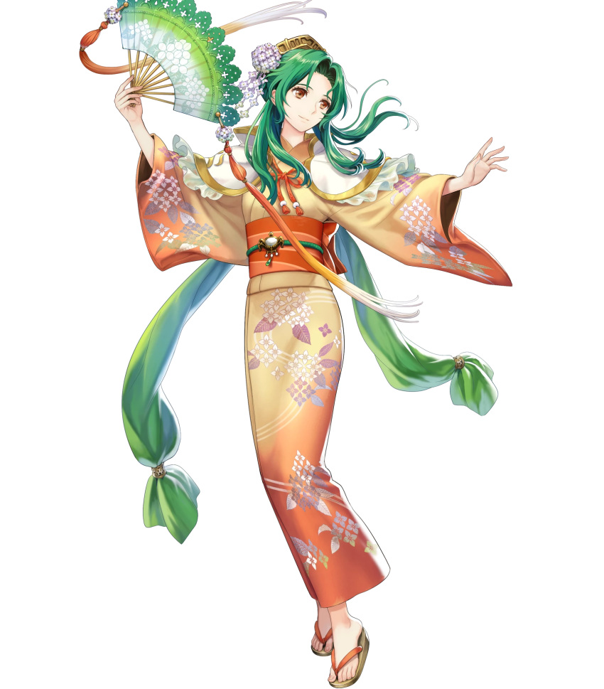 bangs closed_mouth elincia_ridell_crimea fan fire_emblem fire_emblem:_akatsuki_no_megami fire_emblem_heroes floral_print full_body green_hair hair_ornament highres holding holding_fan japanese_clothes kimono long_hair looking_away mayachise non-web_source obi official_art sandals sash shiny shiny_hair sidelocks smile solo standing transparent_background wide_sleeves yellow_eyes yukata