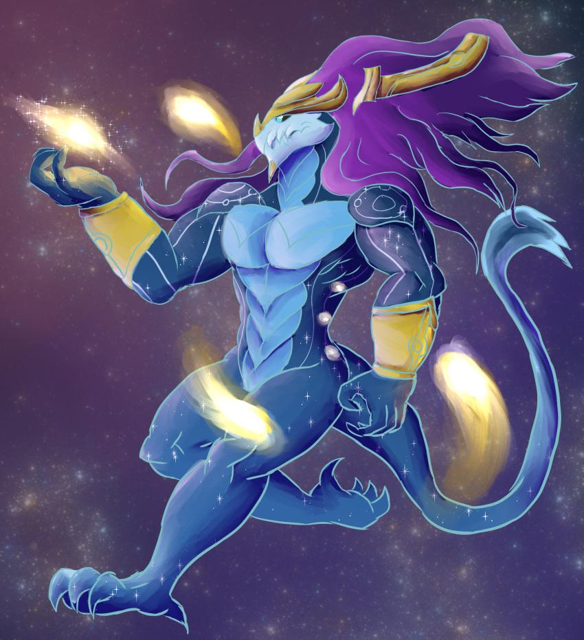 anthro aurelion_sol_(lol) blue_scales claws daikuhiroshiama dragon galaxy hair horn league_of_legends male muscular purple_hair reptile riot_games scales scalie solo space video_games