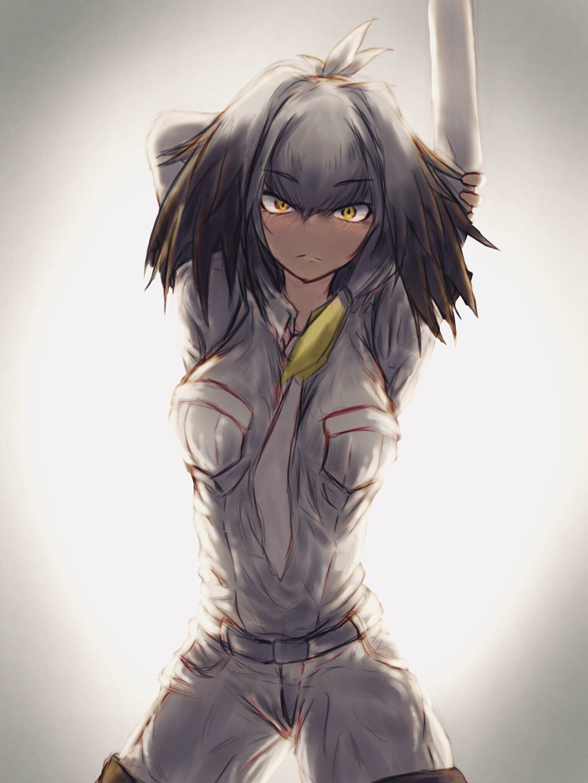 arm_behind_head arms_up aru_tarou bangs belt black_hair blonde_hair blush breast_pocket closed_mouth collared_shirt commentary cowboy_shot eyebrows_visible_through_hair grey_hair grey_neckwear grey_shirt grey_shorts hair_between_eyes highres kemono_friends long_hair long_sleeves looking_at_viewer low_ponytail multicolored_hair necktie outstretched_arm pocket shirt shoebill_(kemono_friends) short_over_long_sleeves short_sleeves shorts side_ponytail solo standing wing_collar yellow_eyes