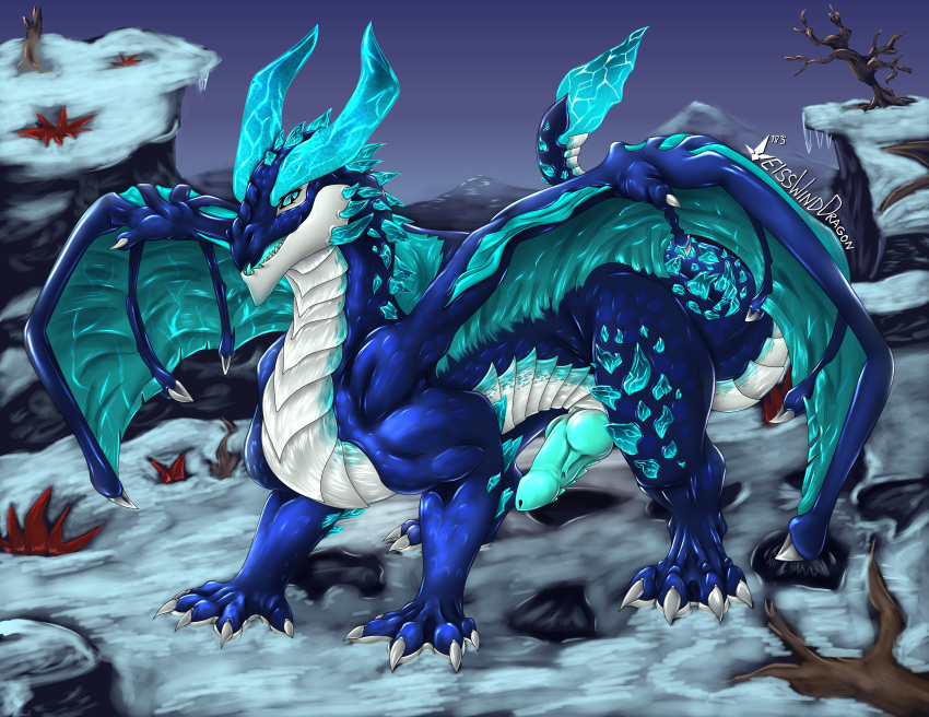 dragon feral frostwing hi_res horn ice knot male mature_(disambiguation) mountain penis solo weisswinddragon_(artist) western wings winter