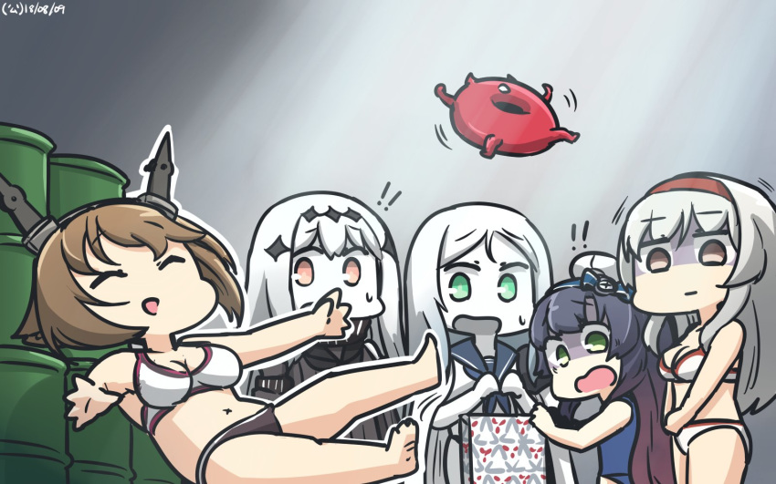 5girls aircraft_carrier_water_oni alternate_costume aqua_eyes bag bangs bikini black_dress blank_stare blue_swimsuit breasts brown_hair closed_eyes comic commentary dated dress drum_(container) enemy_lifebuoy_(kantai_collection) gradient_hair green_eyes hairband hamu_koutarou headgear height_difference highres kantai_collection kunihiko_moriguchi large_breasts long_hair matsuwa_(kantai_collection) medium_breasts midriff mitsukoshi_(department_store) multicolored_hair multiple_girls mutsu_(kantai_collection) one-piece_swimsuit open_mouth orange_eyes pale_skin parted_bangs pink_hair purple_hair red_eyes ribbed_dress sailor_collar sailor_dress sailor_shirt shaded_face shinkaisei-kan shirt short_dress short_hair shoukaku_(kantai_collection) signature silent_comic slipping spoken_exclamation_mark swimsuit ta-class_battleship trembling very_long_hair wavy_mouth white_bikini white_hair white_skin