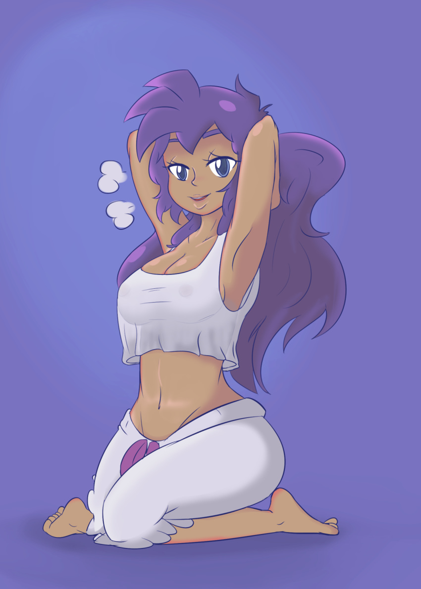 1girl areolae armpit bare_shoulders barefoot blue_eyes breasts cleavage feet hair_down half-closed_eyes highres large_breasts midriff navel nipples no_bra pajamas pants purple_hair see-through shantae shantae_(character) shantae_(series) smile solo