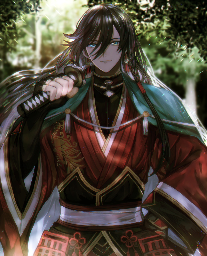 abandon_ranka black_hair blue_eyes braid cape closed_mouth day earrings highres izumi-no-kami_kanesada japanese_clothes jewelry katana looking_at_viewer male_focus outdoors side_braid smile solo sword touken_ranbu weapon