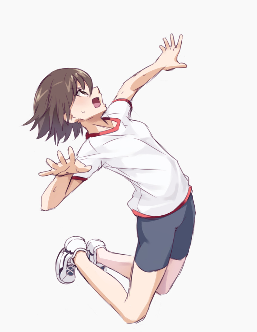 bangs bike_shorts black_shorts brown_eyes brown_hair chikuwa_(majihima) commentary_request eyebrows_visible_through_hair from_side full_body girls_und_panzer gym_shirt gym_uniform highres isobe_noriko jumping looking_up no_socks open_mouth partial_commentary shirt shoes short_hair short_shorts short_sleeves shorts simple_background sneakers solo spiking sweat t-shirt white_background white_footwear white_shirt