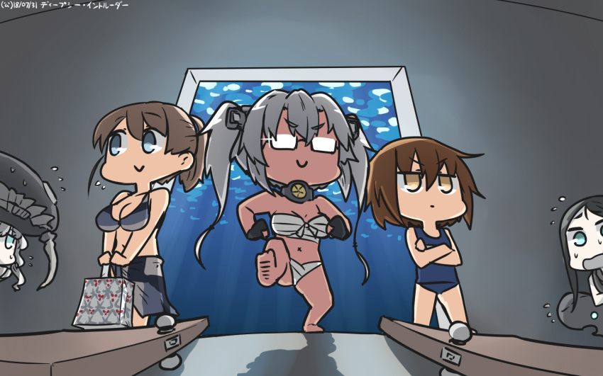 bikini blue_eyes brown_eyes brown_hair budget_sarashi chibi commentary_request crossed_arms dark_skin door fingerless_gloves full_body glasses gloves hamu_koutarou highres intrepid_(kantai_collection) kantai_collection kunihiko_moriguchi long_hair mitsukoshi_(department_store) multicolored multicolored_bikini multicolored_clothes multicolored_sarong multiple_girls musashi_(kantai_collection) partly_fingerless_gloves pointy_hair ponytail ru-class_battleship sarashi sarong school_swimsuit semi-rimless_eyewear shinkaisei-kan short_hair silver_hair swimsuit twintails two_side_up under-rim_eyewear wakaba_(kantai_collection) wo-class_aircraft_carrier