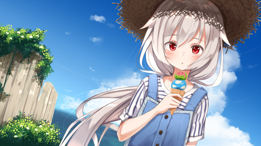 :o ame. azur_lane bangs blue_sky blush cliff cloud commentary_request day double_scoop dutch_angle eyebrows_visible_through_hair food hair_between_eyes hat holding holding_food horizon ice_cream ice_cream_cone long_hair looking_at_viewer montpelier_(azur_lane) ocean outdoors overalls parted_lips red_eyes shirt short_sleeves silver_hair sky solo straw_hat striped striped_shirt very_long_hair water