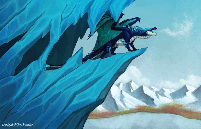 cave cynicalstith_(artist) detailed_background dragon feral frostwing hi_res horn ice lair male membranous_wings mountain scalie solo western wings