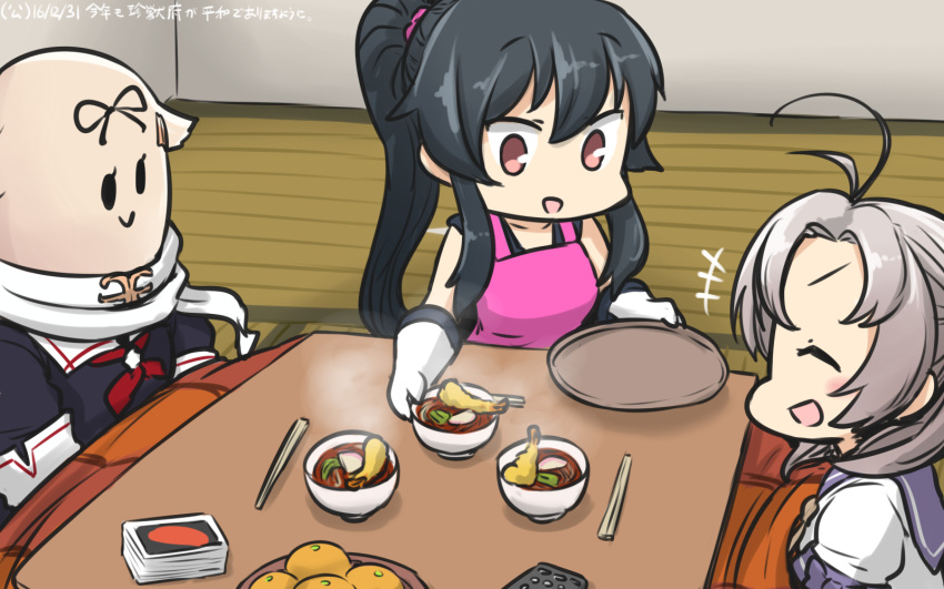 2girls :d ahoge apron black_hair chopsticks closed_eyes commentary_request controller dated food fruit gloves hair_ornament hairclip hamu_koutarou highres kantai_collection kinugasa_(kantai_collection) kotatsu long_hair mandarin_orange multiple_girls noodles open_mouth pink_hair ponytail remote_control scarf school_uniform serafuku smile soba table the_yuudachi-like_creature white_gloves yahagi_(kantai_collection)