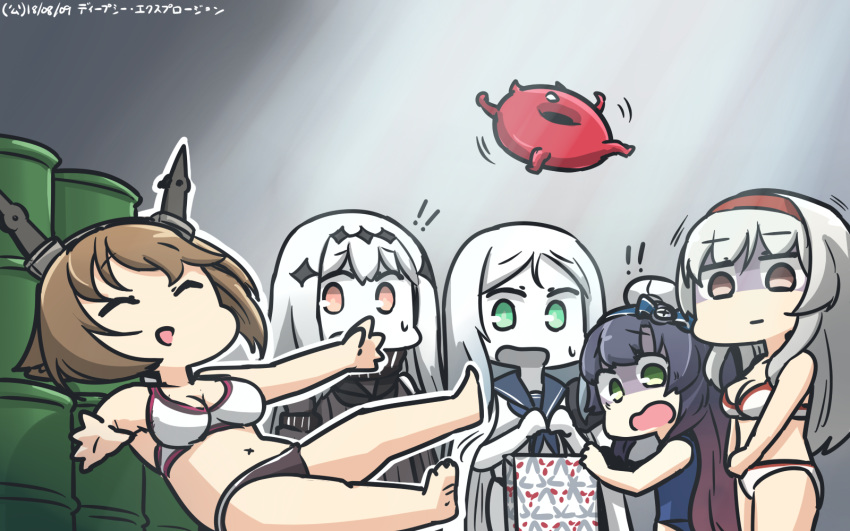 5girls aircraft_carrier_water_oni alternate_costume aqua_eyes bag bangs bikini black_dress blank_stare blue_swimsuit breasts brown_hair closed_eyes comic commentary_request dated dress drum_(container) enemy_lifebuoy_(kantai_collection) gradient_hair green_eyes hairband hamu_koutarou headgear height_difference highres kantai_collection kunihiko_moriguchi large_breasts long_hair matsuwa_(kantai_collection) medium_breasts midriff mitsukoshi_(department_store) multicolored_hair multiple_girls mutsu_(kantai_collection) one-piece_swimsuit open_mouth orange_eyes pale_skin parted_bangs pink_hair purple_hair red_eyes ribbed_dress sailor_collar sailor_dress sailor_shirt shaded_face shinkaisei-kan shirt short_dress short_hair shoukaku_(kantai_collection) signature silent_comic slipping spoken_exclamation_mark swimsuit ta-class_battleship trembling very_long_hair wavy_mouth white_bikini white_hair white_skin