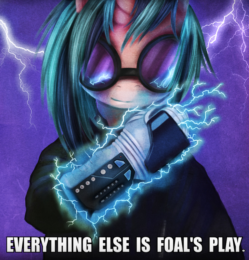 2015 blue_background blue_hair caption clothed clothing controller english_text equine eyewear female friendship_is_magic game_controller hair hi_res horn lightning mammal my_little_pony nintendo parody portrait power_glove shirt simple_background smile solo sparks sunglasses text unicorn ventious video_games vinyl_scratch_(mlp)