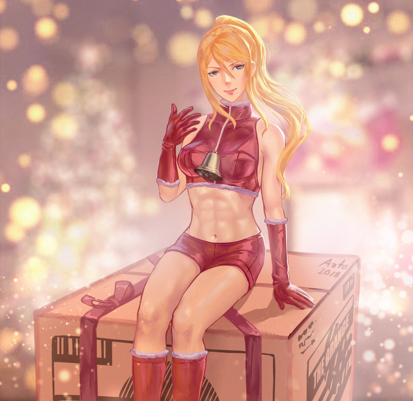 1girl absurdres azto_dio bare_shoulders bell blonde_hair blue_eyes christmas gift gloves hat high_ponytail highres long_hair looking_at_viewer metroid mole mole_under_mouth navel nintendo ponytail samus_aran shorts skin_tight smile solo super_smash_bros. super_smash_bros._ultimate