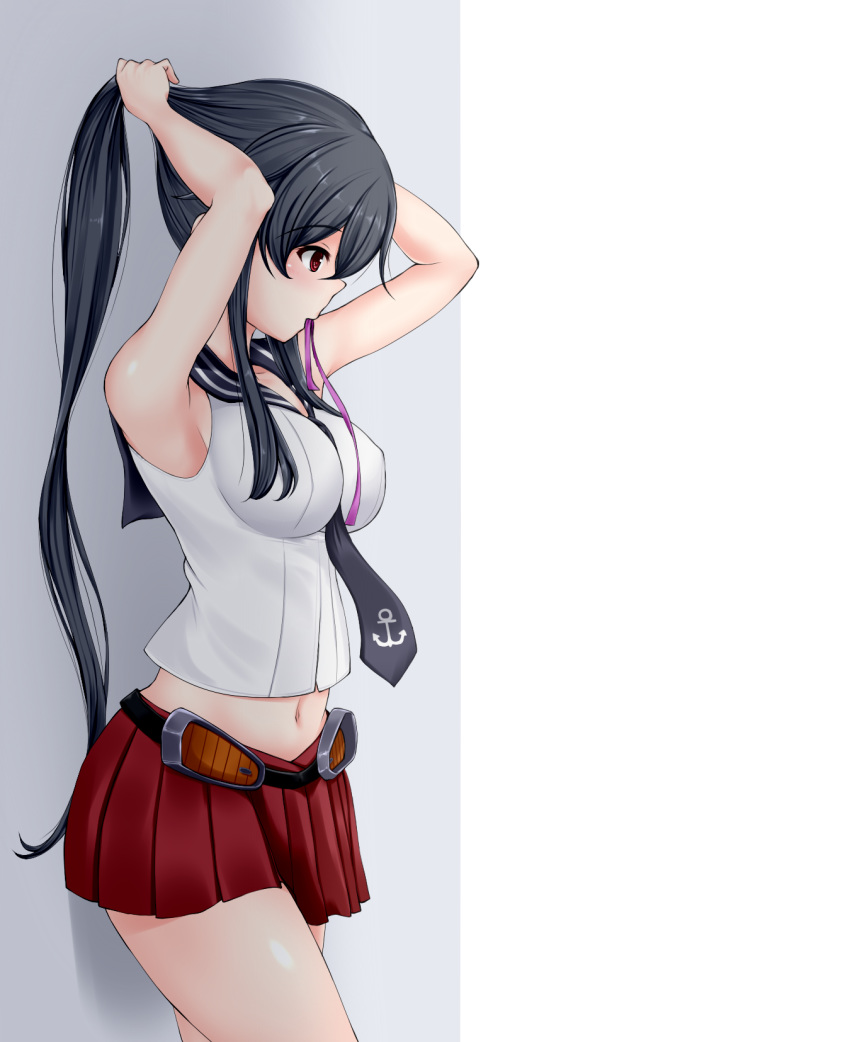 bad_id bad_pixiv_id between_breasts black_hair blue_neckwear breasts collarbone eyebrows_visible_through_hair from_side grey_background highres kantai_collection large_breasts long_hair looking_to_the_side midriff navel open_mouth pleated_skirt ponytail purple_scrunchie red_eyes red_skirt sailor_collar scrunchie simple_background skirt solo tying_hair very_long_hair white_background yahagi_(kantai_collection) z5987