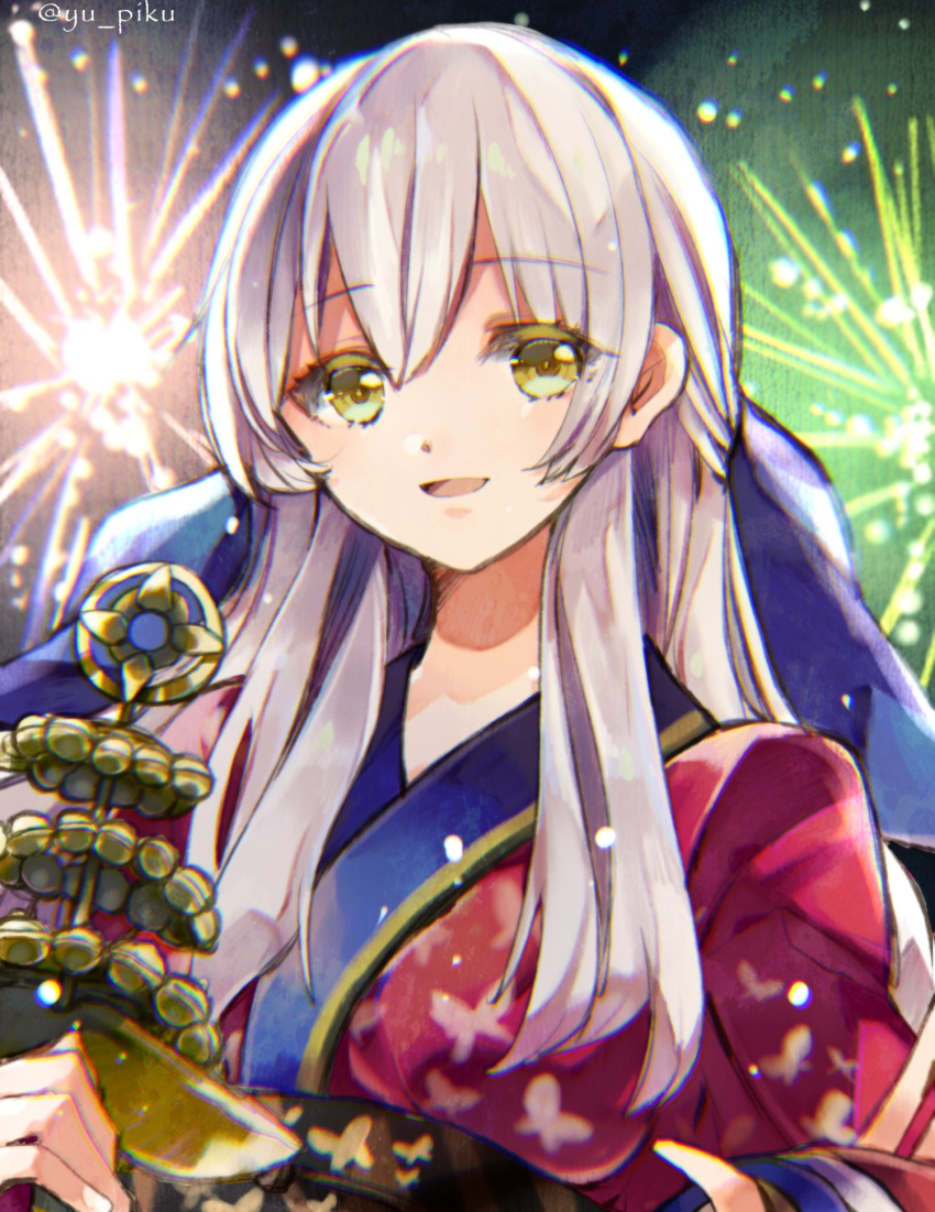 animal_print bell butterfly_print commentary_request fire_emblem fire_emblem:_akatsuki_no_megami fire_emblem_heroes fireworks highres holding japanese_clothes jingle_bell kagura_suzu kimono long_hair micaiah obi parted_lips sash silver_hair solo twitter_username yellow_eyes yukata yuuri_(114916)