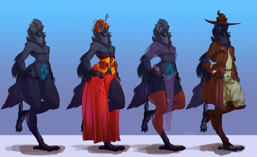 anthro avian bird brolaren_(artist) claws clothed clothing corvid cowl feathers female line-up lucidum_(character) nude pose raven robe simple_background toe_claws