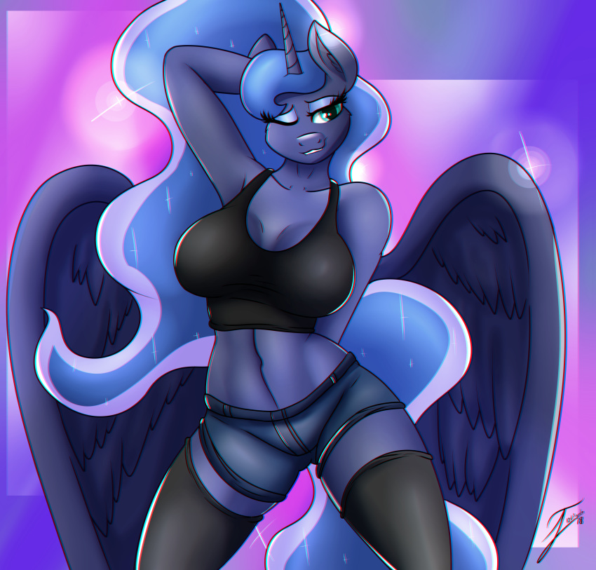 2018 absolute_territory absurd_res anthro biting_lip blue_feathers bra breasts cleavage clothed clothing cosmic_hair equine eyebrows eyelashes eyeshadow feathered_wings feathers female friendship_is_magic grin hair hand_behind_head hi_res horn legwear long_hair looking_at_viewer makeup mammal mascara my_little_pony navel one_eye_closed portrait pose princess_luna_(mlp) purple_background seductive shorts signature simple_background smile solo sports_bra standing stockings teal_eyes teeth thigh_highs three-quarter_portrait trentgt underwear winged_unicorn wings wink